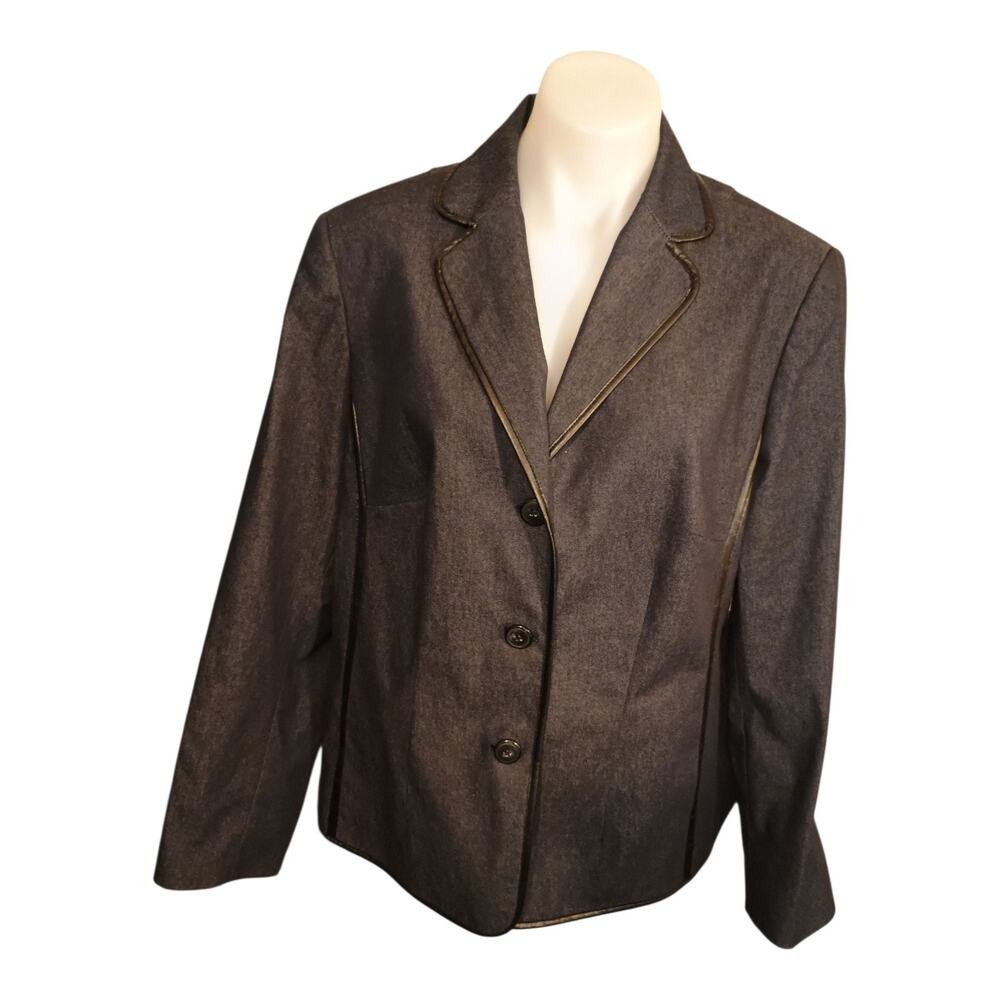 Evan-Picone Woman Blue Denim Black Contrast Trim 3 Button Lined Jacket Size 16W
